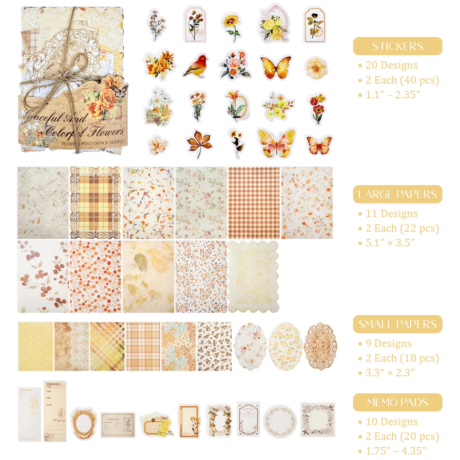 Wrapables Vintage Floral Poetry Scrapbooking Supplies Kit, Stationery Sticker Set for Journaling, Card Making, and DIY Crafts (Set of 4)