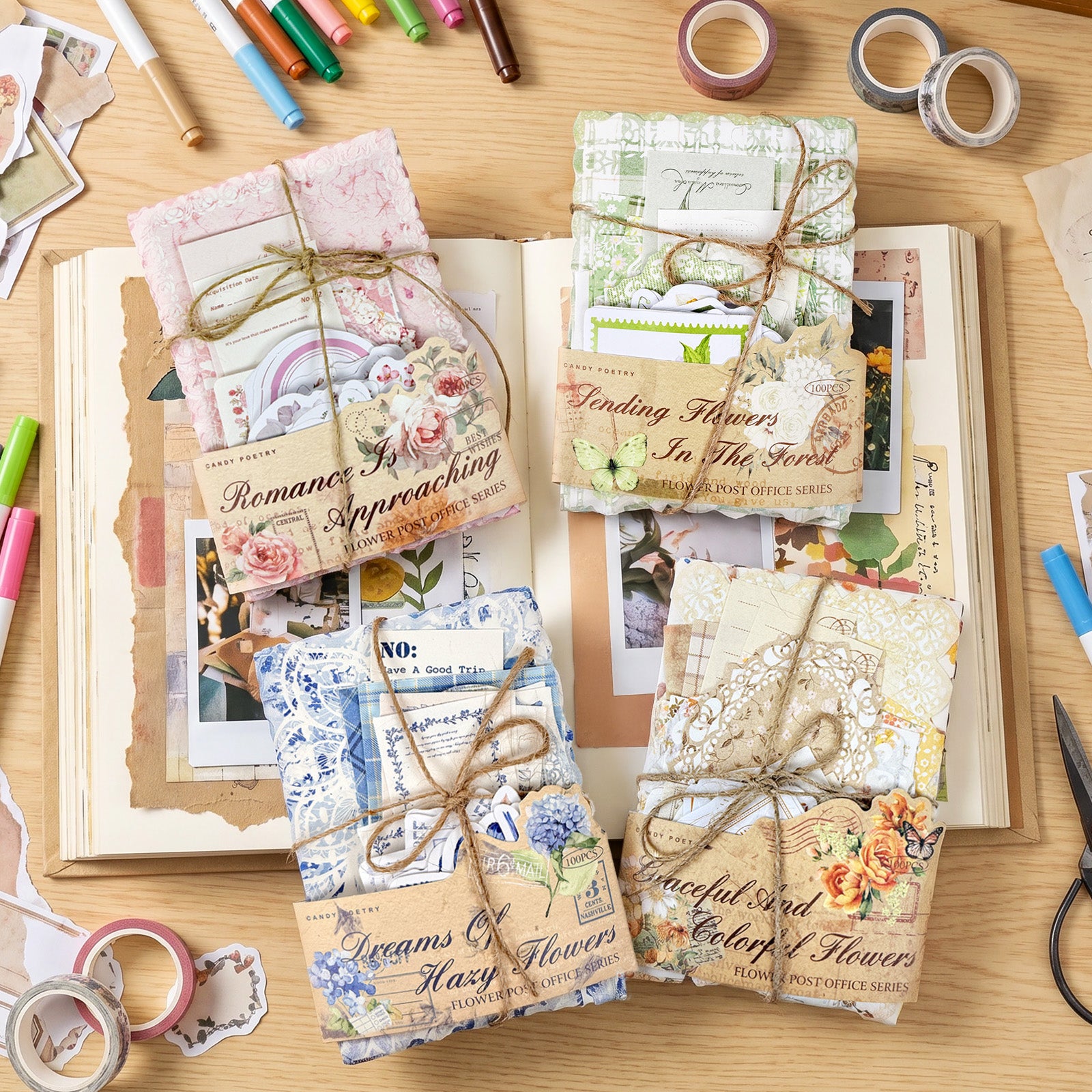Wrapables Vintage Floral Poetry Scrapbooking Supplies Kit, Stationery Sticker Set for Journaling, Card Making, and DIY Crafts (Set of 4)