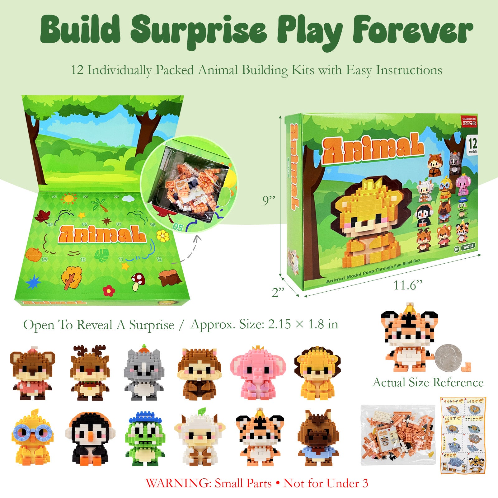 Wrapables Animal Building Blocks Set for Party Favors, Goodie Bag Stuffer, Stocking Stuffer (Set of 12), Wild Animals