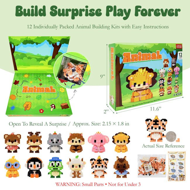 Wrapables Animal Building Blocks Set for Party Favors, Goodie Bag Stuffer, Stocking Stuffer (Set of 12), Wild Animals