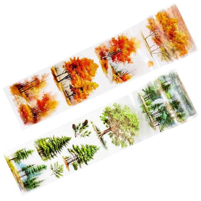 Wrapables Tree and Forest Nature Landscape PET Washi Tapes for Scrapbooking, Stationery, Journaling, Diary, Card Making (Set of 2), Maple Green