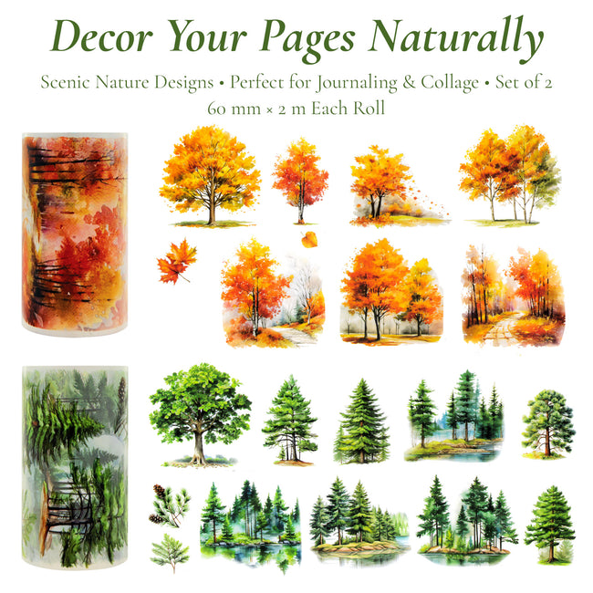 Wrapables Tree and Forest Nature Landscape PET Washi Tapes for Scrapbooking, Stationery, Journaling, Diary, Card Making (Set of 2), Maple Green