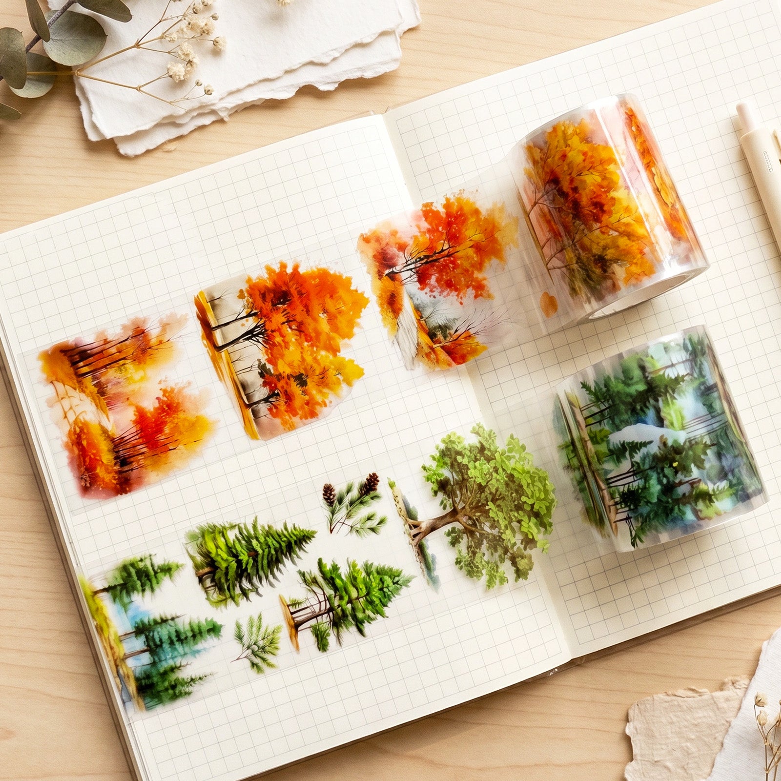 Wrapables Tree and Forest Nature Landscape PET Washi Tapes for Scrapbooking, Stationery, Journaling, Diary, Card Making (Set of 2), Maple Green