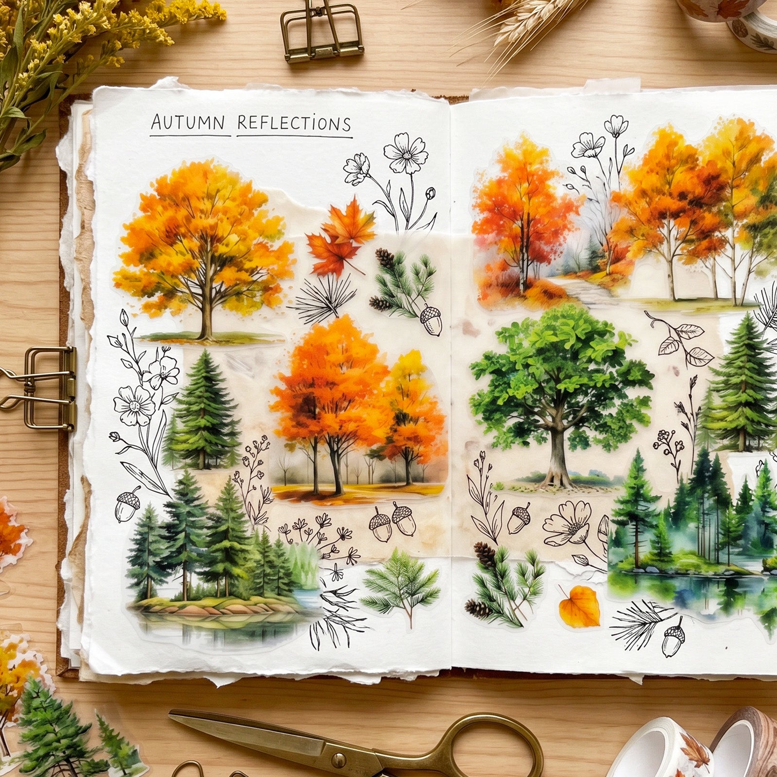 Wrapables Tree and Forest Nature Landscape PET Washi Tapes for Scrapbooking, Stationery, Journaling, Diary, Card Making (Set of 2), Maple Green