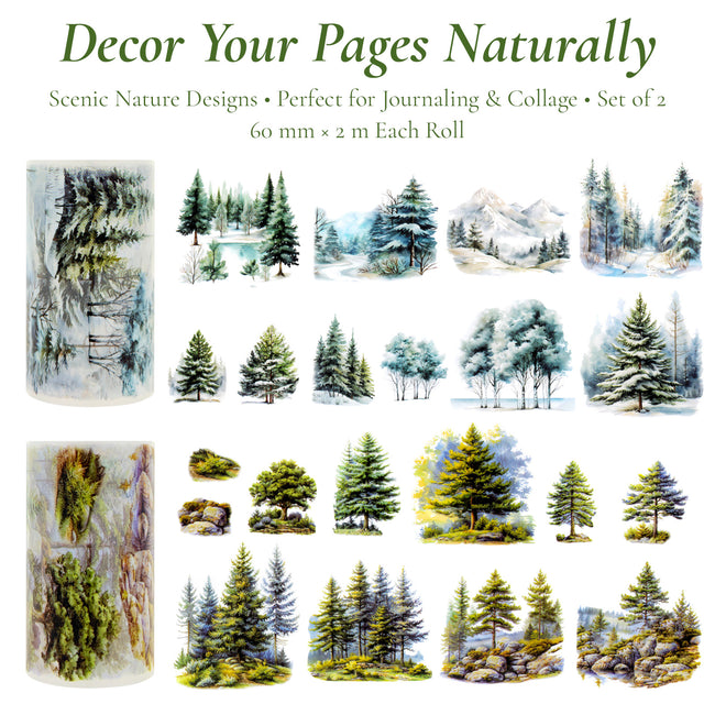 Wrapables Tree and Forest Nature Landscape PET Washi Tapes for Scrapbooking, Stationery, Journaling, Diary, Card Making (Set of 2), Evergreen Cedar