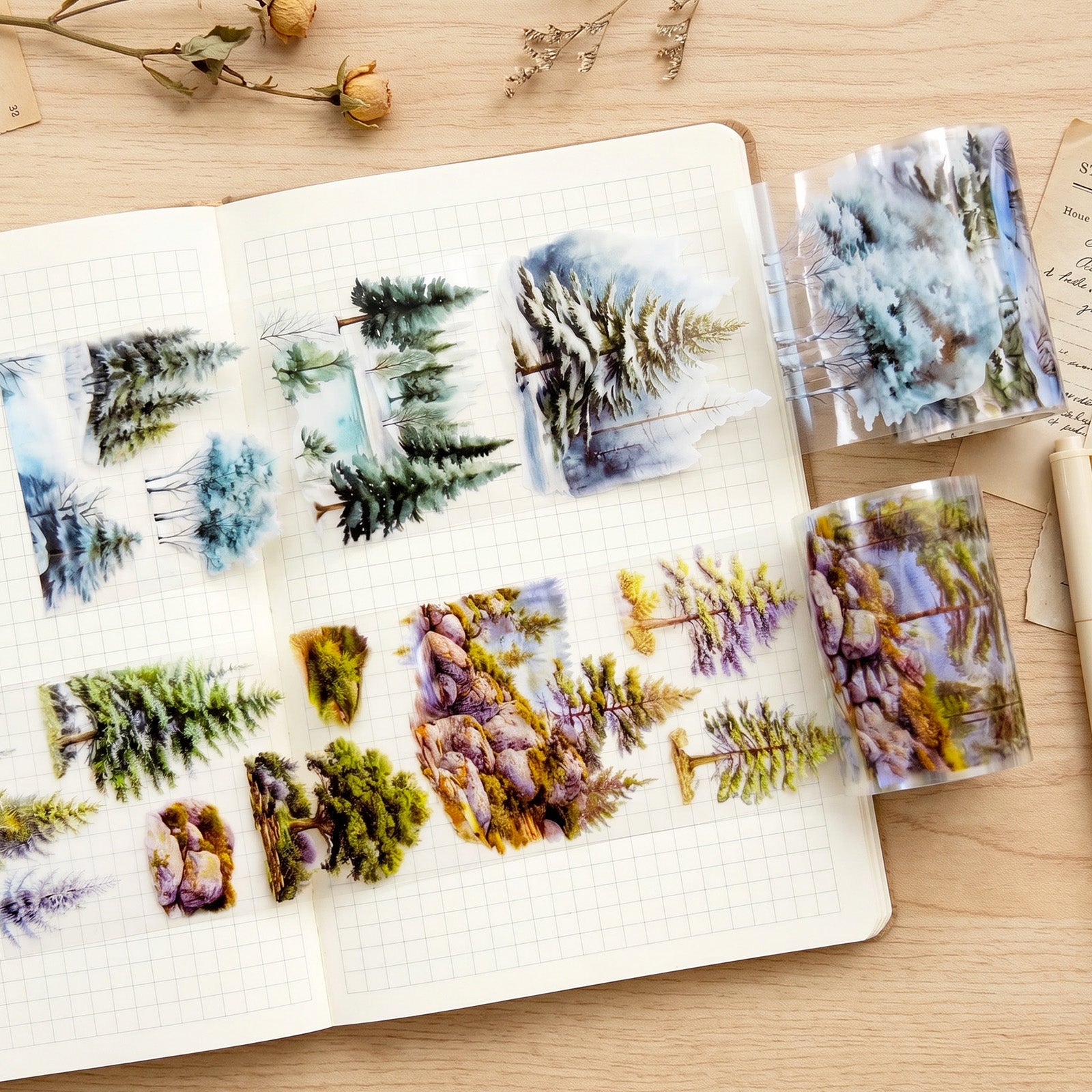 Wrapables Tree and Forest Nature Landscape PET Washi Tapes for Scrapbooking, Stationery, Journaling, Diary, Card Making (Set of 2), Evergreen Cedar