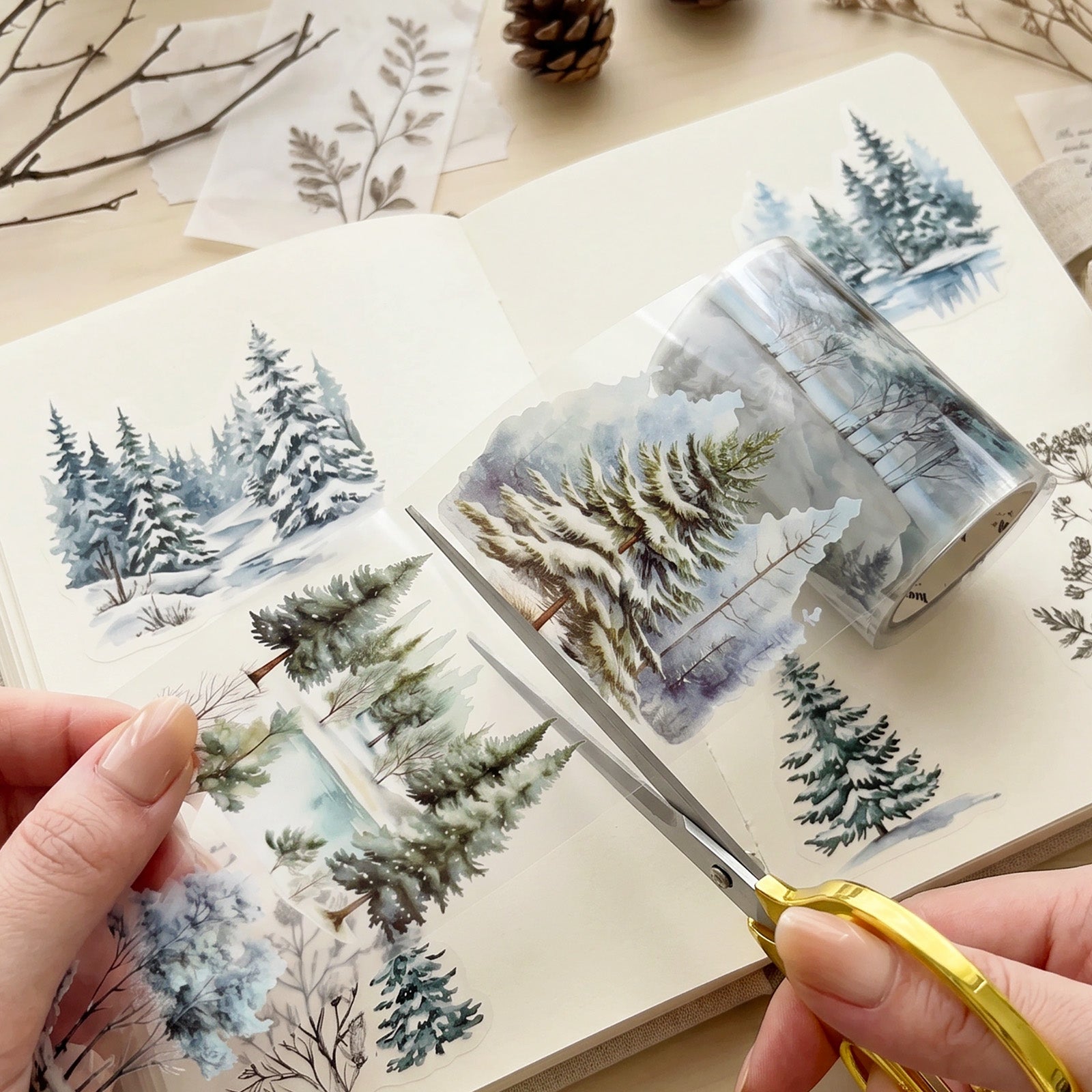 Wrapables Tree and Forest Nature Landscape PET Washi Tapes for Scrapbooking, Stationery, Journaling, Diary, Card Making (Set of 2), Evergreen Cedar