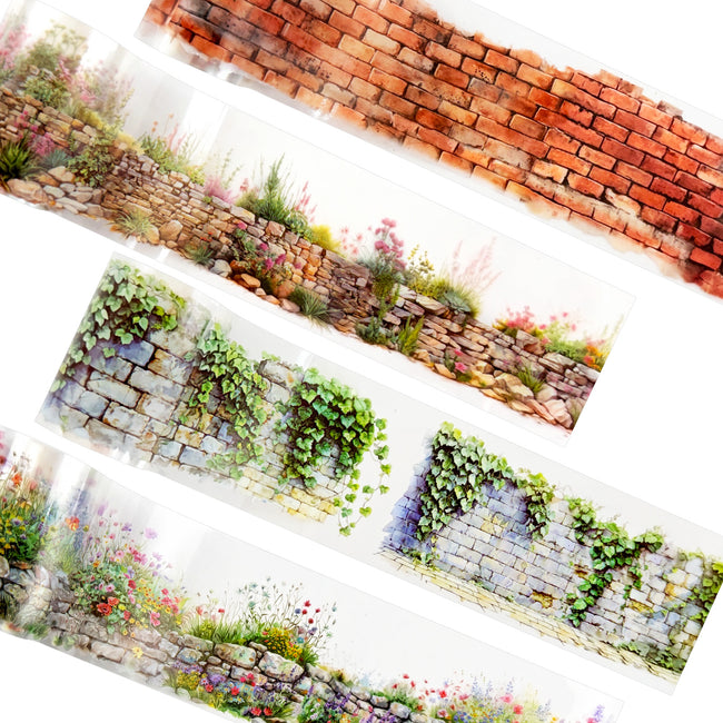 Wrapables Flower Stone Wall Landscape PET Washi Tapes for Scrapbooking, Stationery, Journaling, Diary, Card Making (Set of 4)