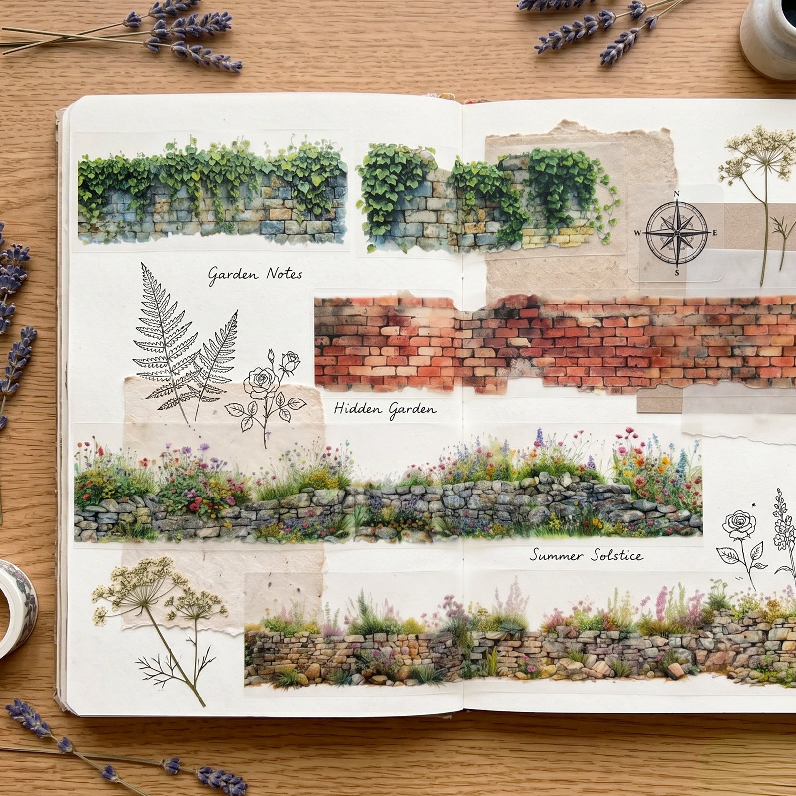 Wrapables Flower Stone Wall Landscape PET Washi Tapes for Scrapbooking, Stationery, Journaling, Diary, Card Making (Set of 4)