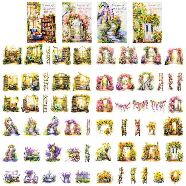Wrapables Floral Garden Scenic Landscape PET Scrapbooking Stickers for Scrapbooking, Junk Journals, Stationery, DIY Crafts, Water Bottles, Phones, Laptops (Set of 4)
