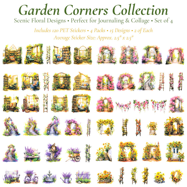Wrapables Floral Garden Scenic Landscape PET Scrapbooking Stickers for Scrapbooking, Junk Journals, Stationery, DIY Crafts, Water Bottles, Phones, Laptops (Set of 4)