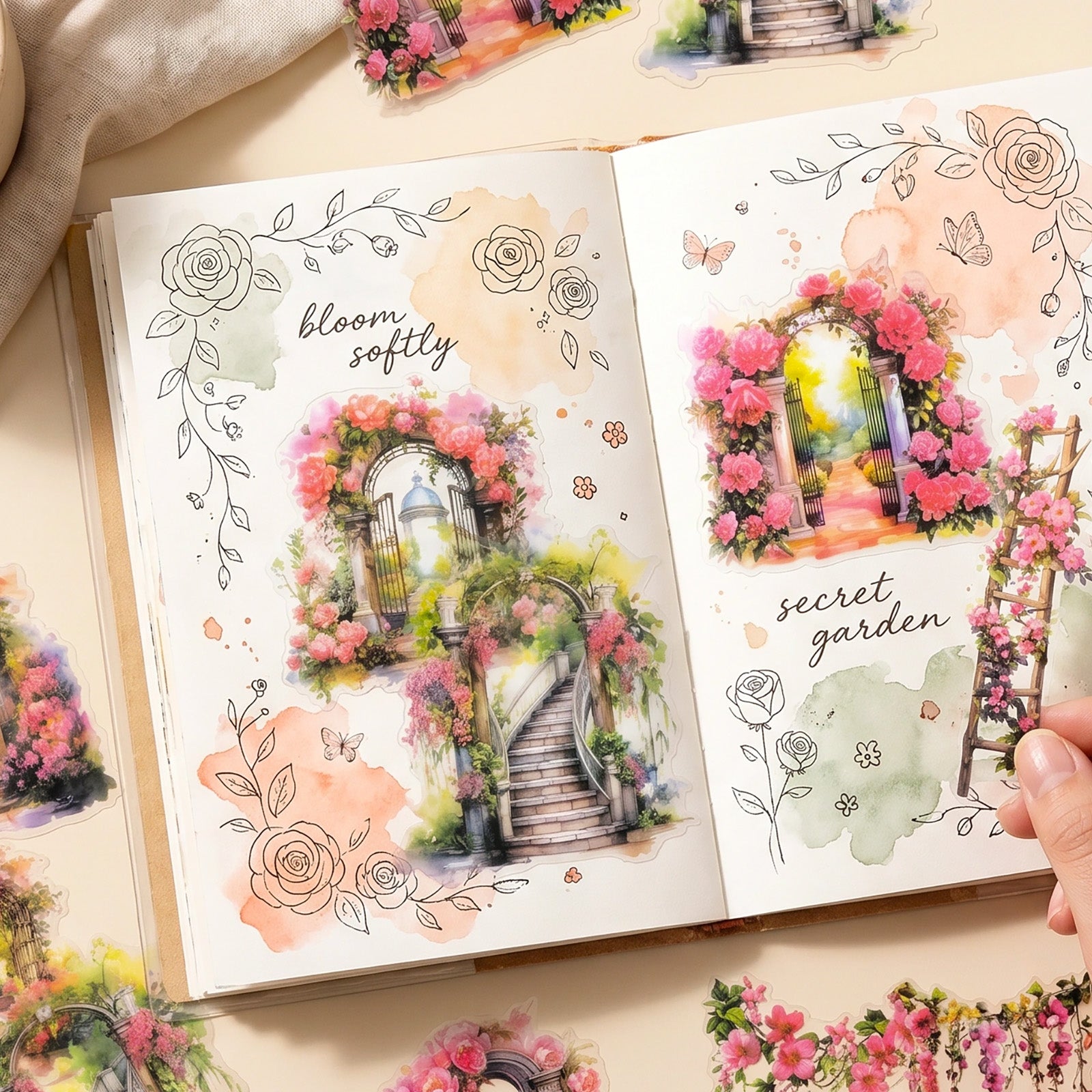 Wrapables Floral Garden Scenic Landscape PET Scrapbooking Stickers for Scrapbooking, Junk Journals, Stationery, DIY Crafts, Water Bottles (Set of 4)