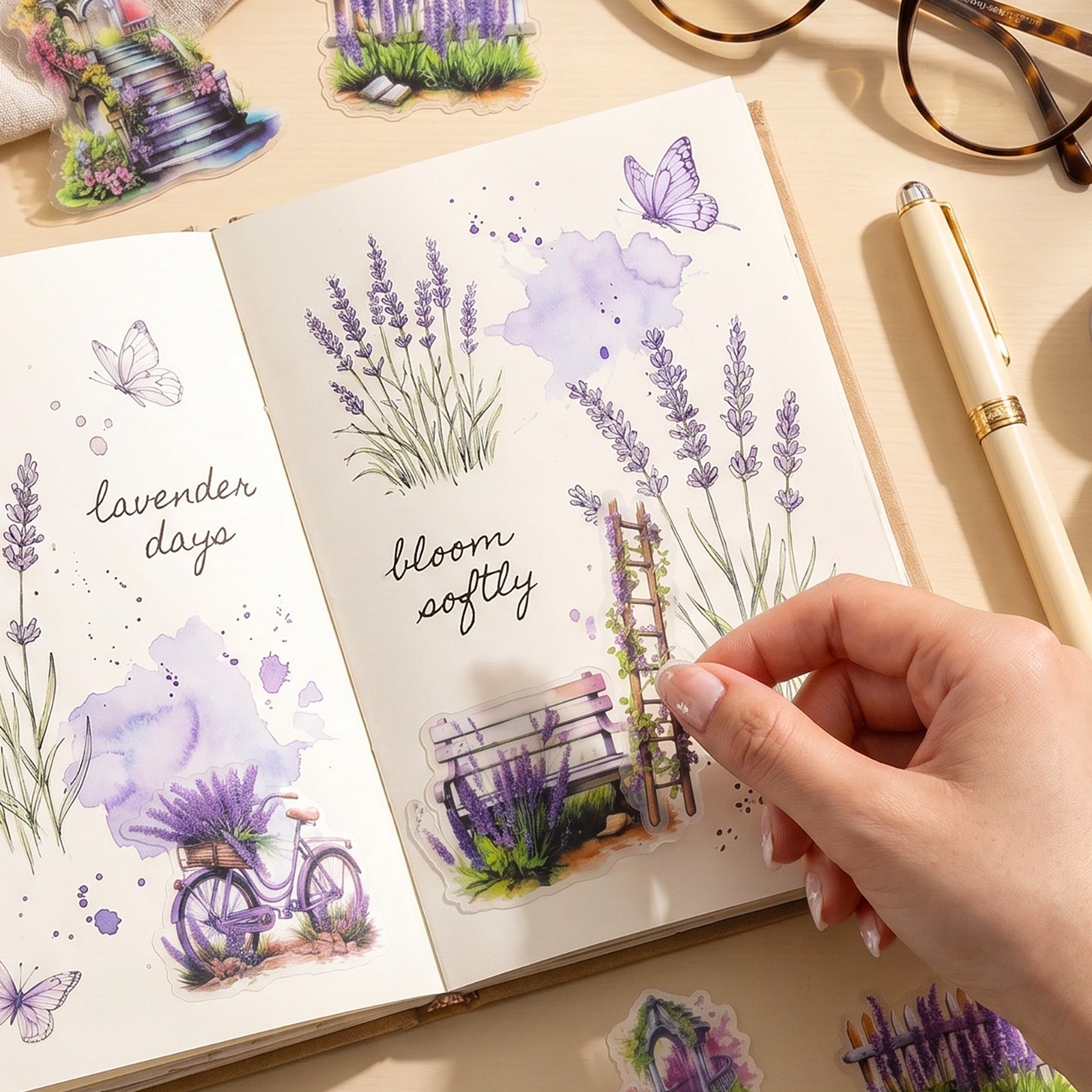 Wrapables Floral Garden Scenic Landscape PET Scrapbooking Stickers for Scrapbooking, Junk Journals, Stationery, DIY Crafts, Water Bottles (Set of 4)