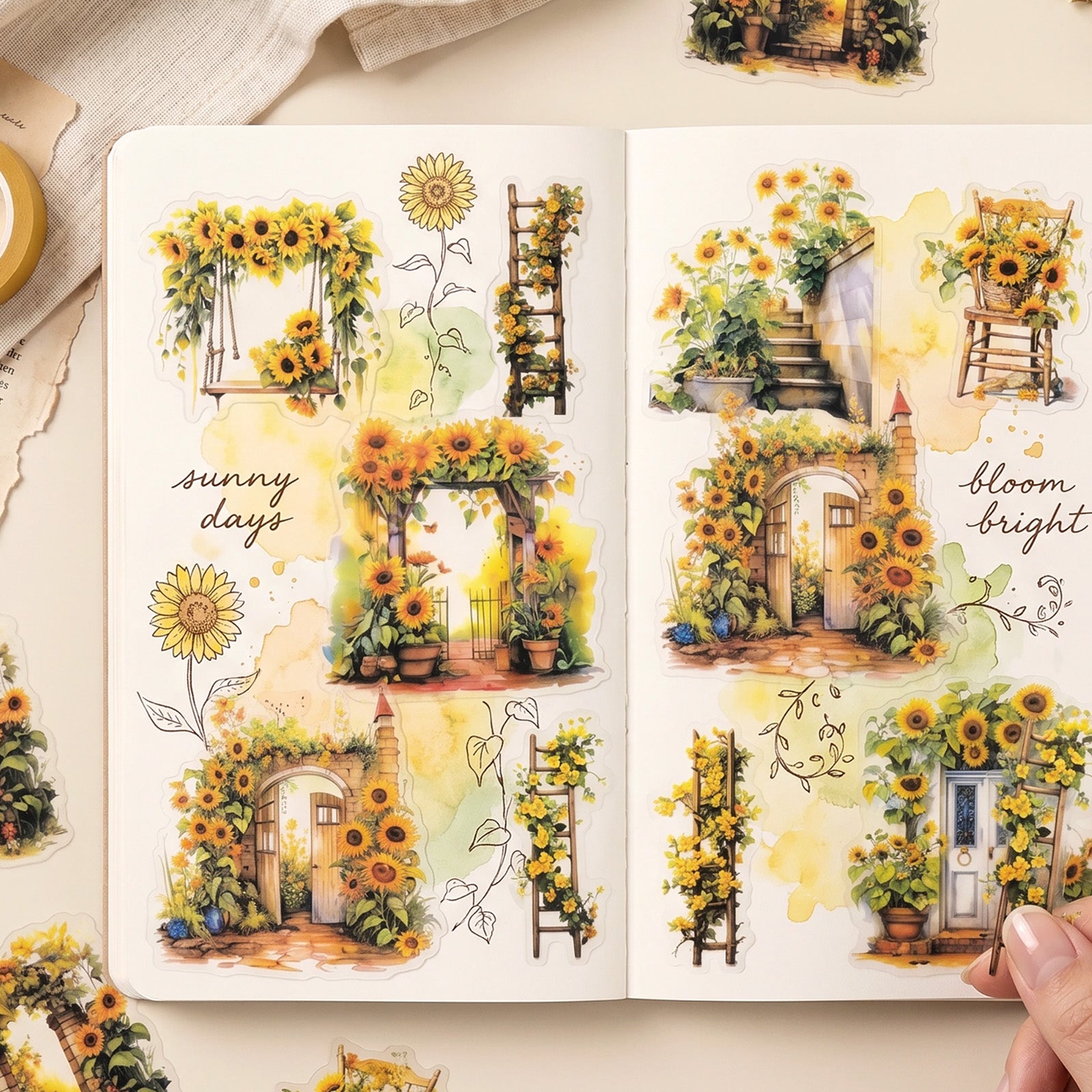 Wrapables Floral Garden Scenic Landscape PET Scrapbooking Stickers for Scrapbooking, Junk Journals, Stationery, DIY Crafts, Water Bottles (Set of 4)