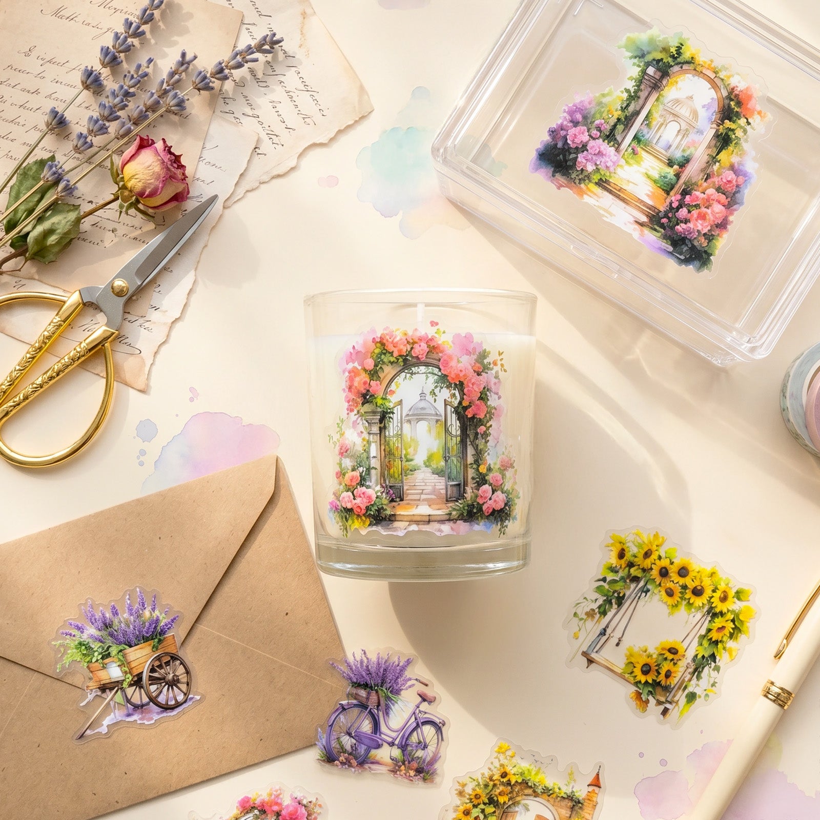Wrapables Floral Garden Scenic Landscape PET Scrapbooking Stickers for Scrapbooking, Junk Journals, Stationery, DIY Crafts, Water Bottles (Set of 4)
