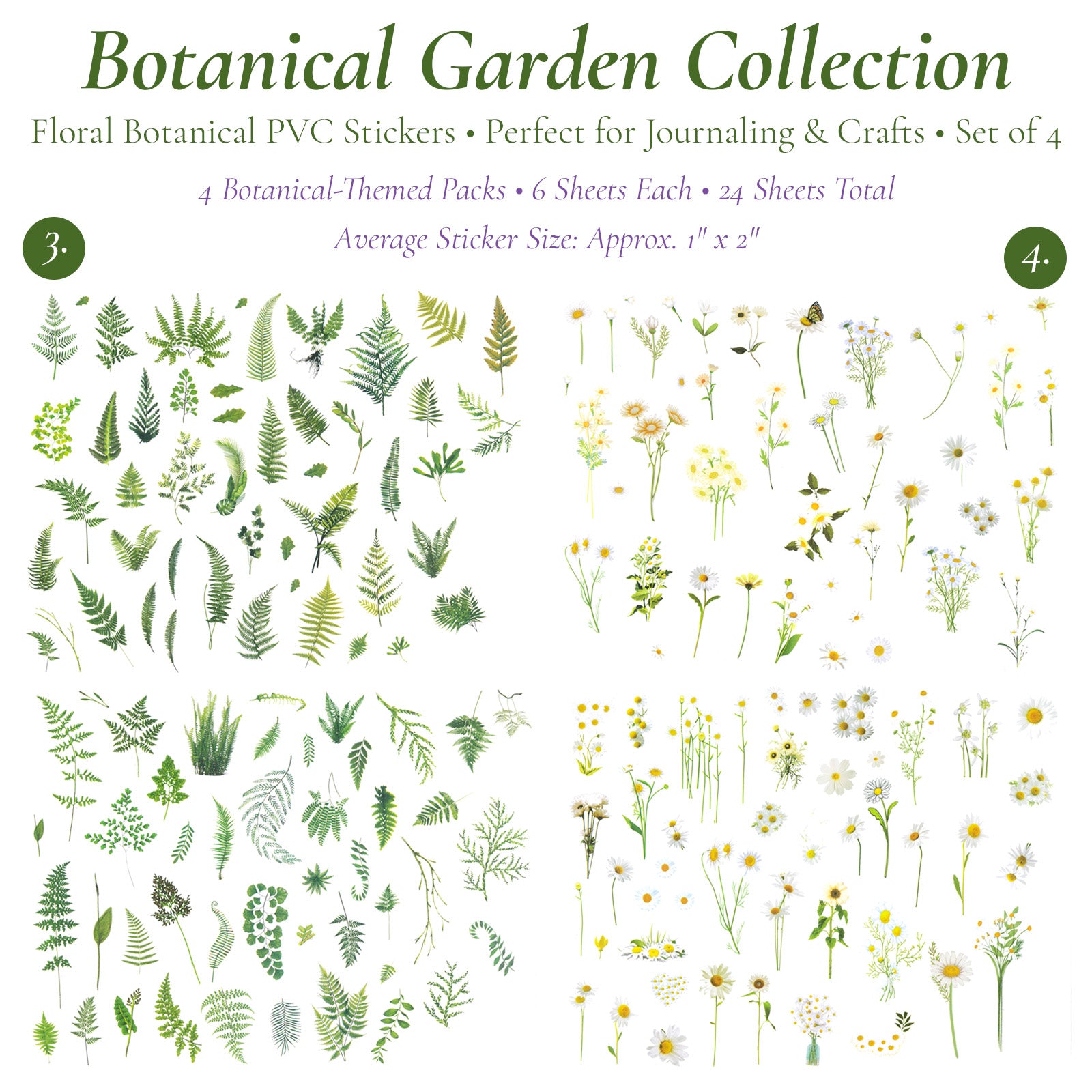 Wrapables Floral Botanical PVC Stickers for Scrapbooking, Journals, Stationery, DIY Crafts, Water Bottles, Phones, Laptops (Set of 4)