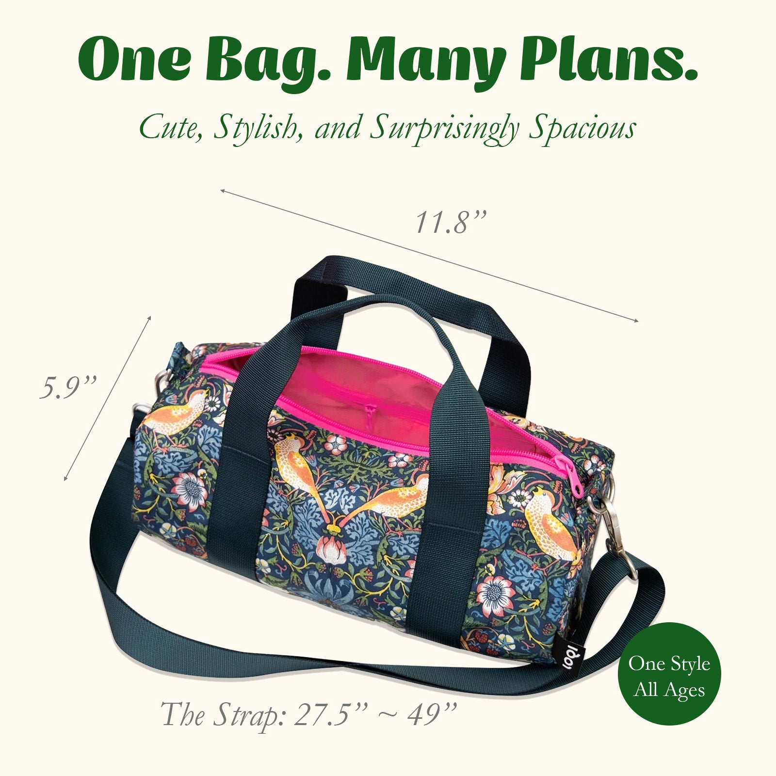 LOQI WILLIAM MORRIS Strawberry Thief Neon Recycled Medium Weekender, Handbag, Crossbody Bag