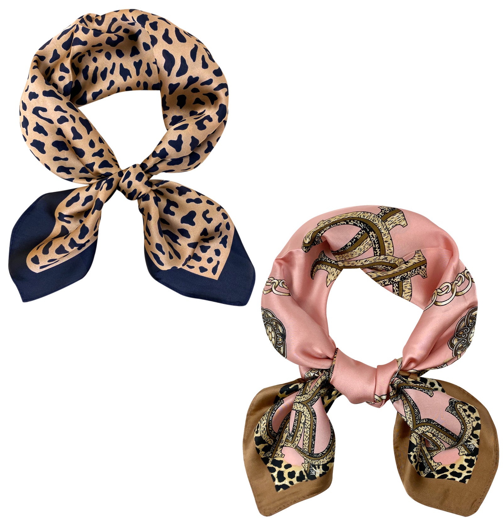 Wrapables Womens 2 Piece Silky Feeling Satin Square Scarf Set, 26.5x26.5 Inch Neckerchief [A75247, A74030], Pink Leopard