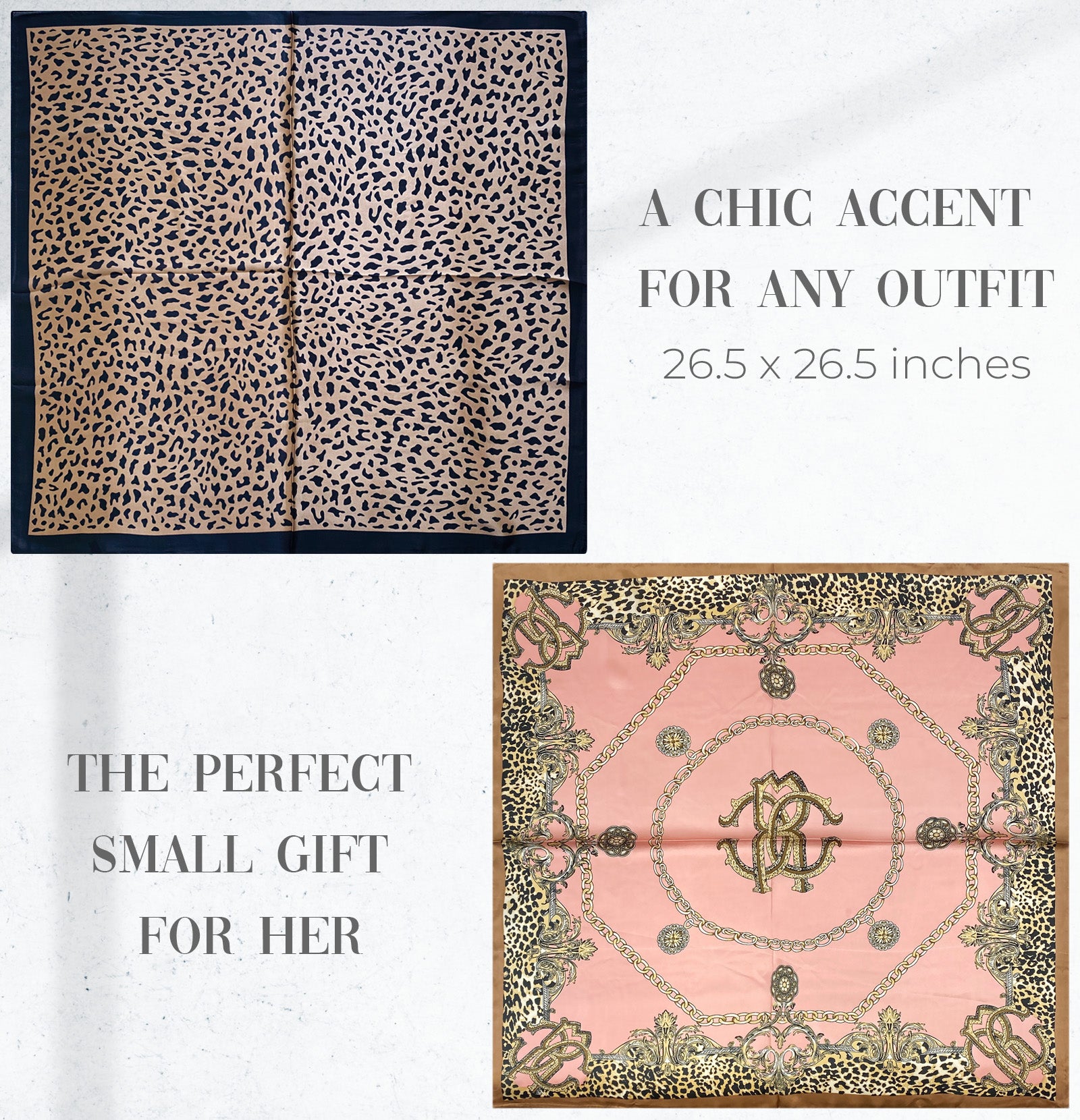 Wrapables Womens 2 Piece Silky Feeling Satin Square Scarf Set, 26.5x26.5 Inch Neckerchief [A75247, A74030], Pink Leopard