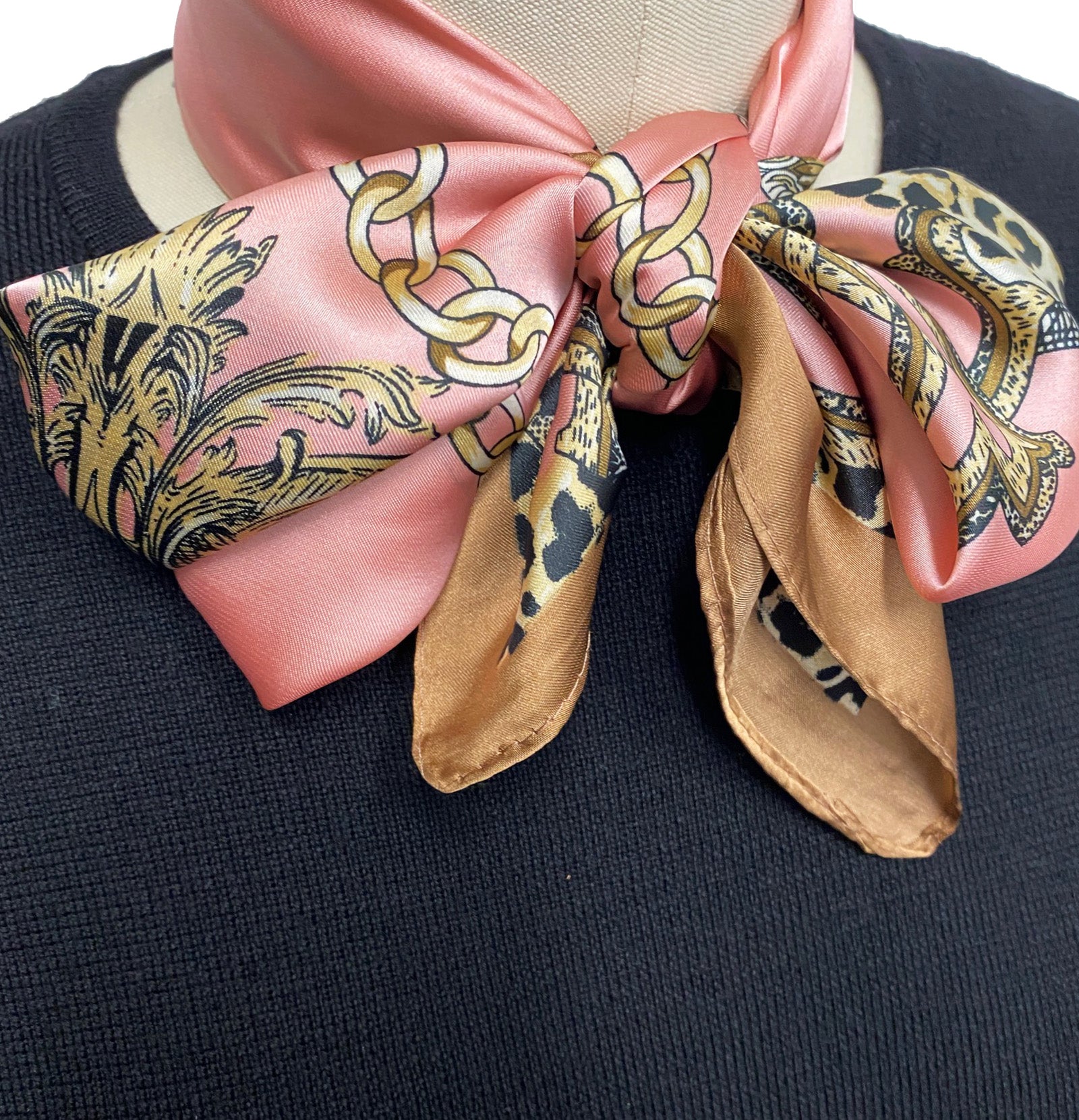 Wrapables Womens 2 Piece Silky Feeling Satin Square Scarf Set, 26.5x26.5 Inch Neckerchief [A75247, A74030], Pink Leopard