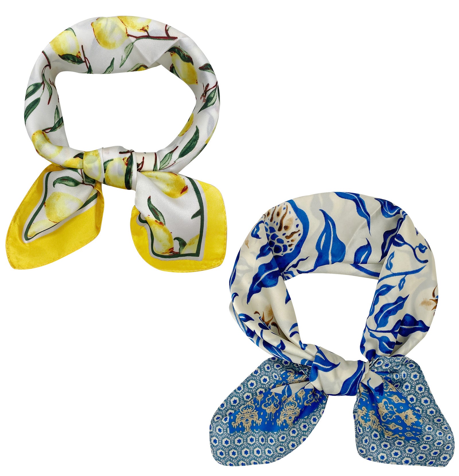 Wrapables Womens 2 Piece Silky Feeling Satin Square Scarf Set, 26.5x26.5 Inch Neckerchief [A75151, A75257], Lemon Blue