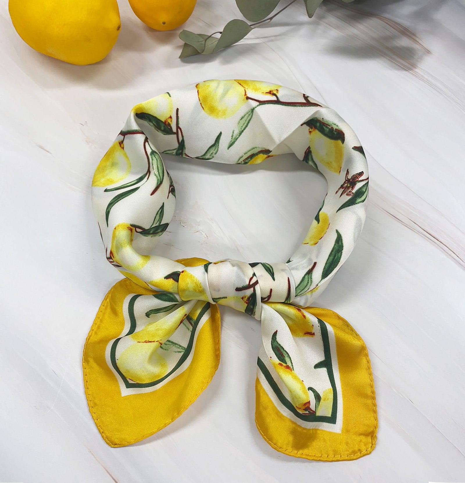 Wrapables Womens 2 Piece Silky Feeling Satin Square Scarf Set, 26.5x26.5 Inch Neckerchief [A75151, A75257], Lemon Blue