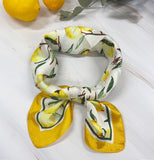 Wrapables Womens 2 Piece Silky Feeling Satin Square Scarf Set, 26.5x26.5 Inch Neckerchief [A75151, A75257], Lemon Blue