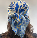 Wrapables Womens 2 Piece Silky Feeling Satin Square Scarf Set, 26.5x26.5 Inch Neckerchief [A75151, A75257], Lemon Blue