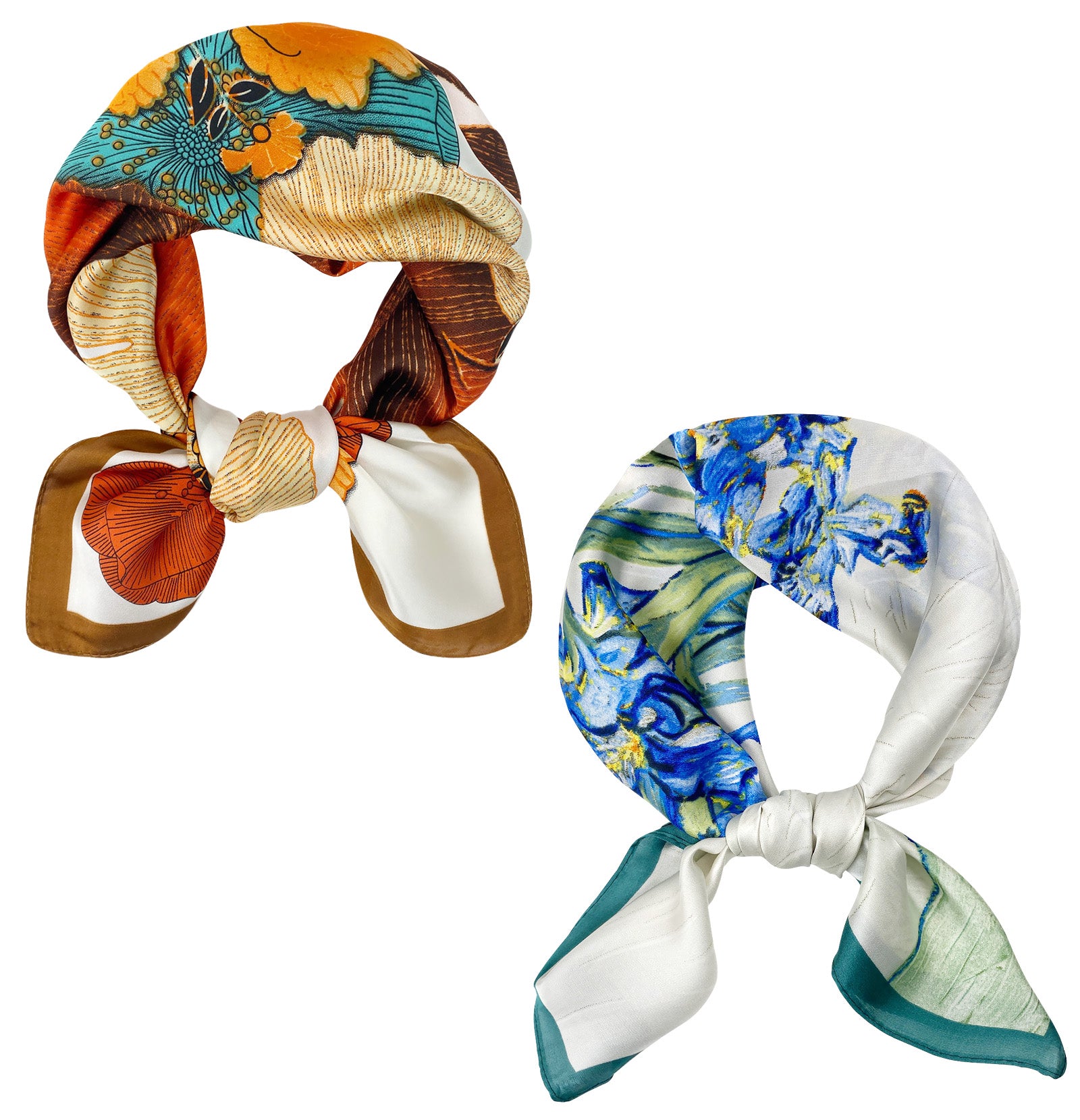 Wrapables Womens 2 Piece Silky Feeling Satin Square Scarf Set, 26.5x26.5 Inch Neckerchief [A75251, A75236], Ginkgo Iris