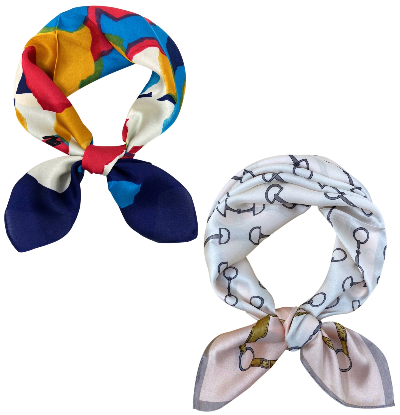 Wrapables Womens 2 Piece Silky Feeling Satin Square Scarf Set, 26.5x26.5 Inch Neckerchief [A74029, A74020], Stirrups AB