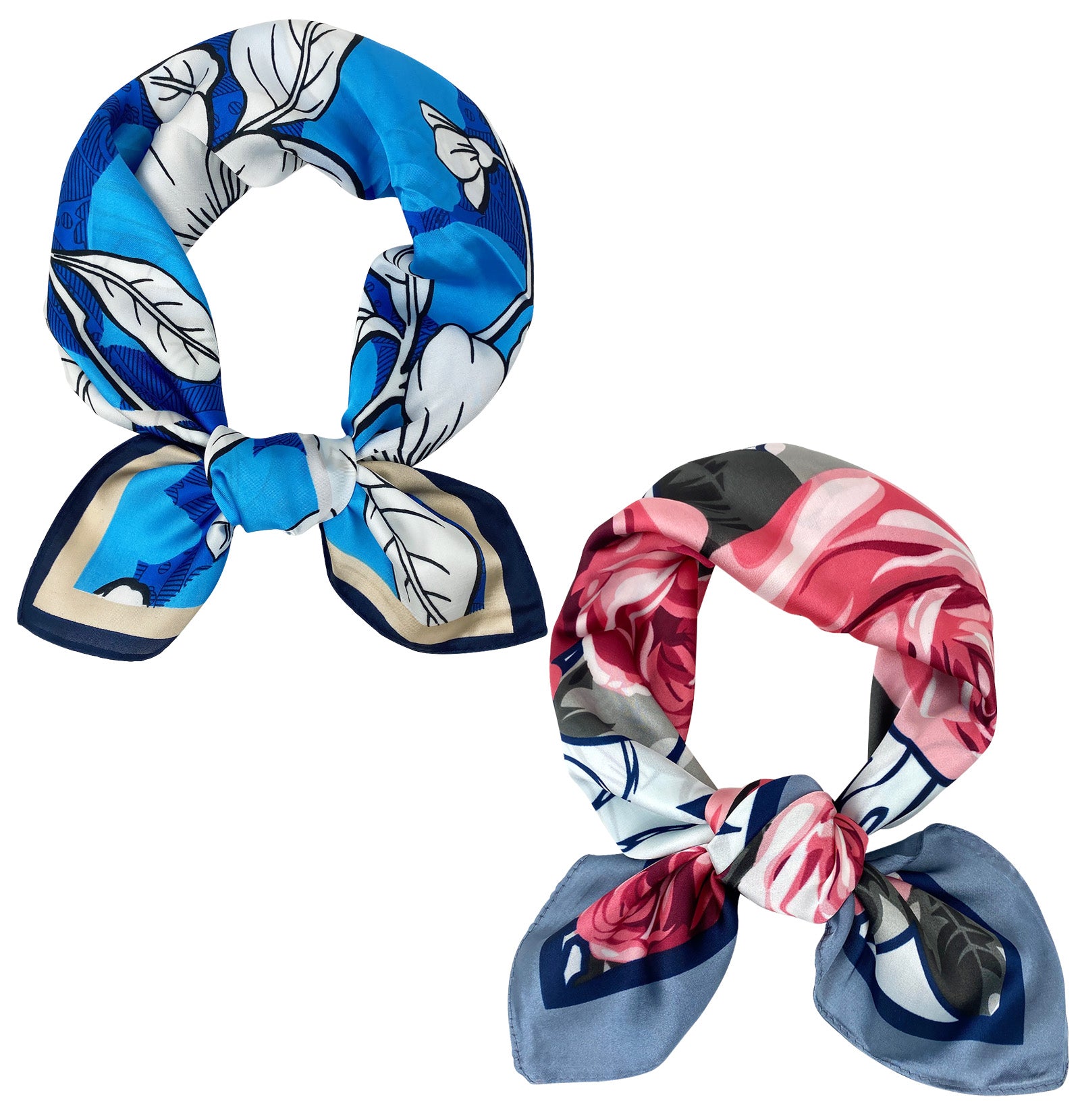 Wrapables Womens 2 Piece Silky Feeling Satin Square Scarf Set, 26.5x26.5 Inch Neckerchief [A75256, A75249], Rose Floral