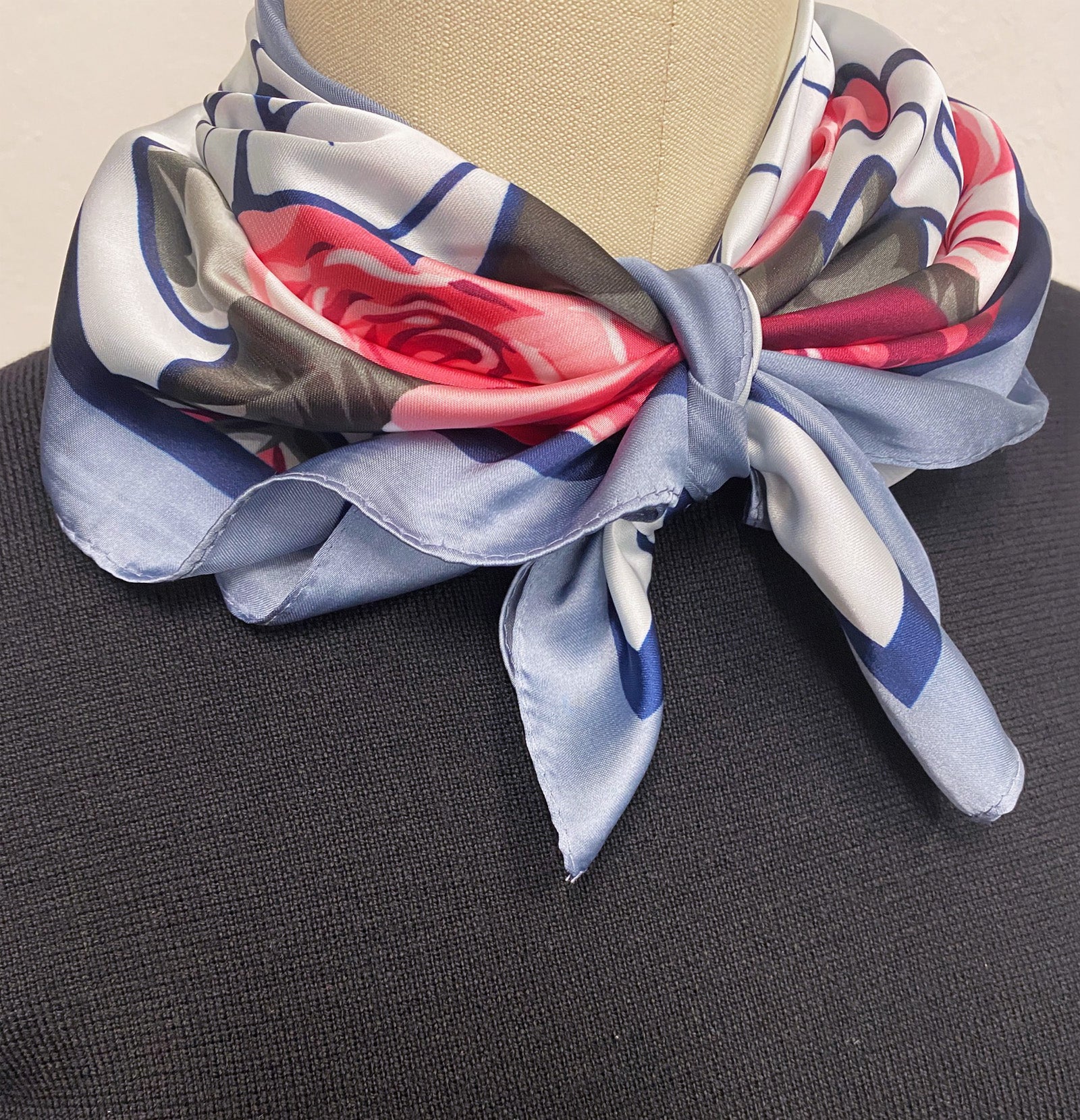 Wrapables Womens 2 Piece Silky Feeling Satin Square Scarf Set, 26.5x26.5 Inch Neckerchief [A75256, A75249], Rose Floral