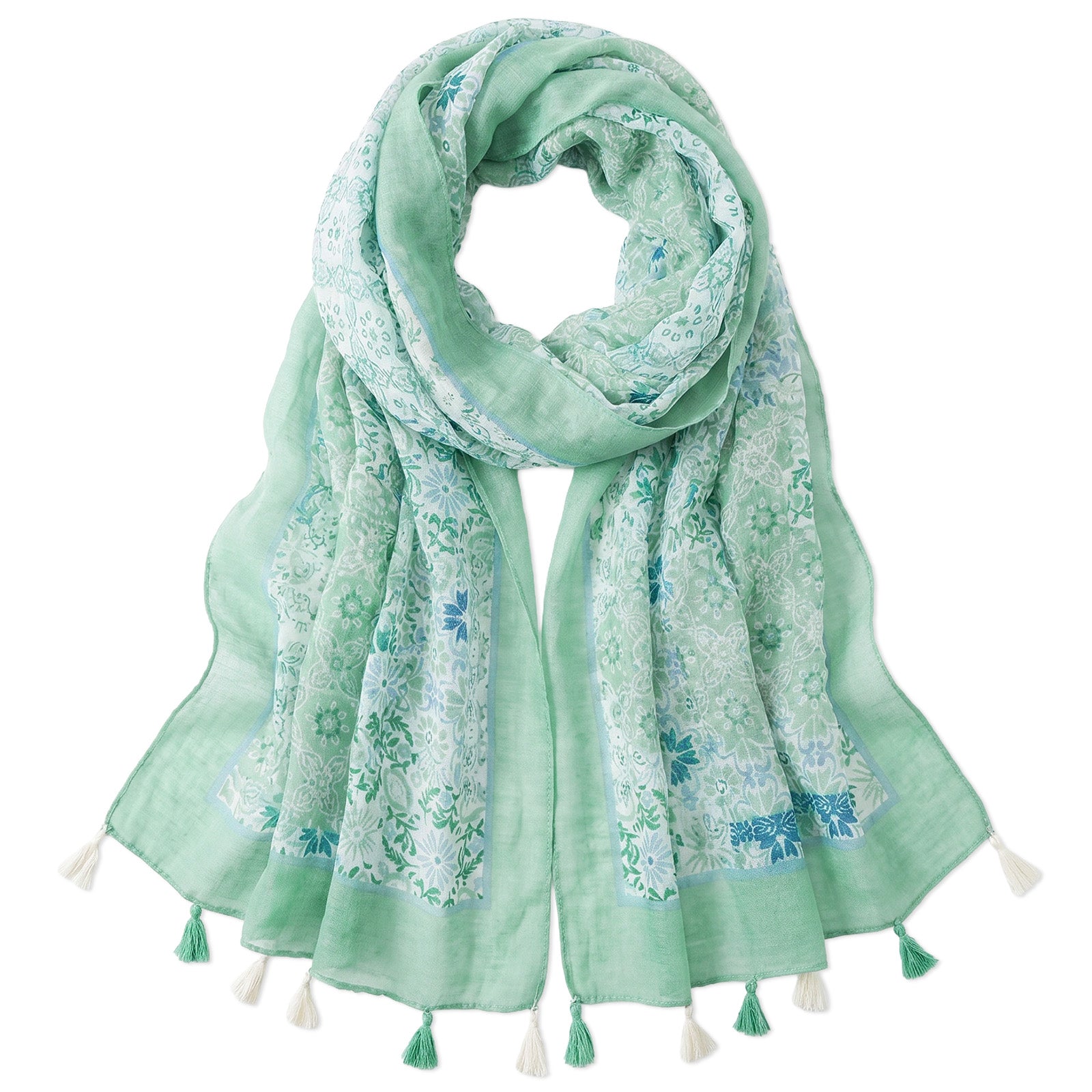 Wrapables Boho Lightweight Floral Vintage Fringed Scarf, Shawl Wrap with Tassels, Green Mosaic