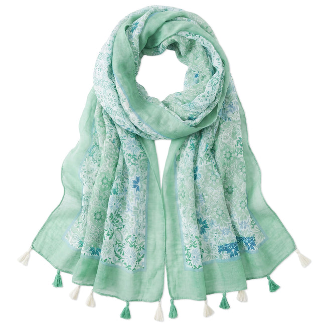 Wrapables Boho Lightweight Floral Vintage Fringed Scarf, Shawl Wrap with Tassels, Green Mosaic