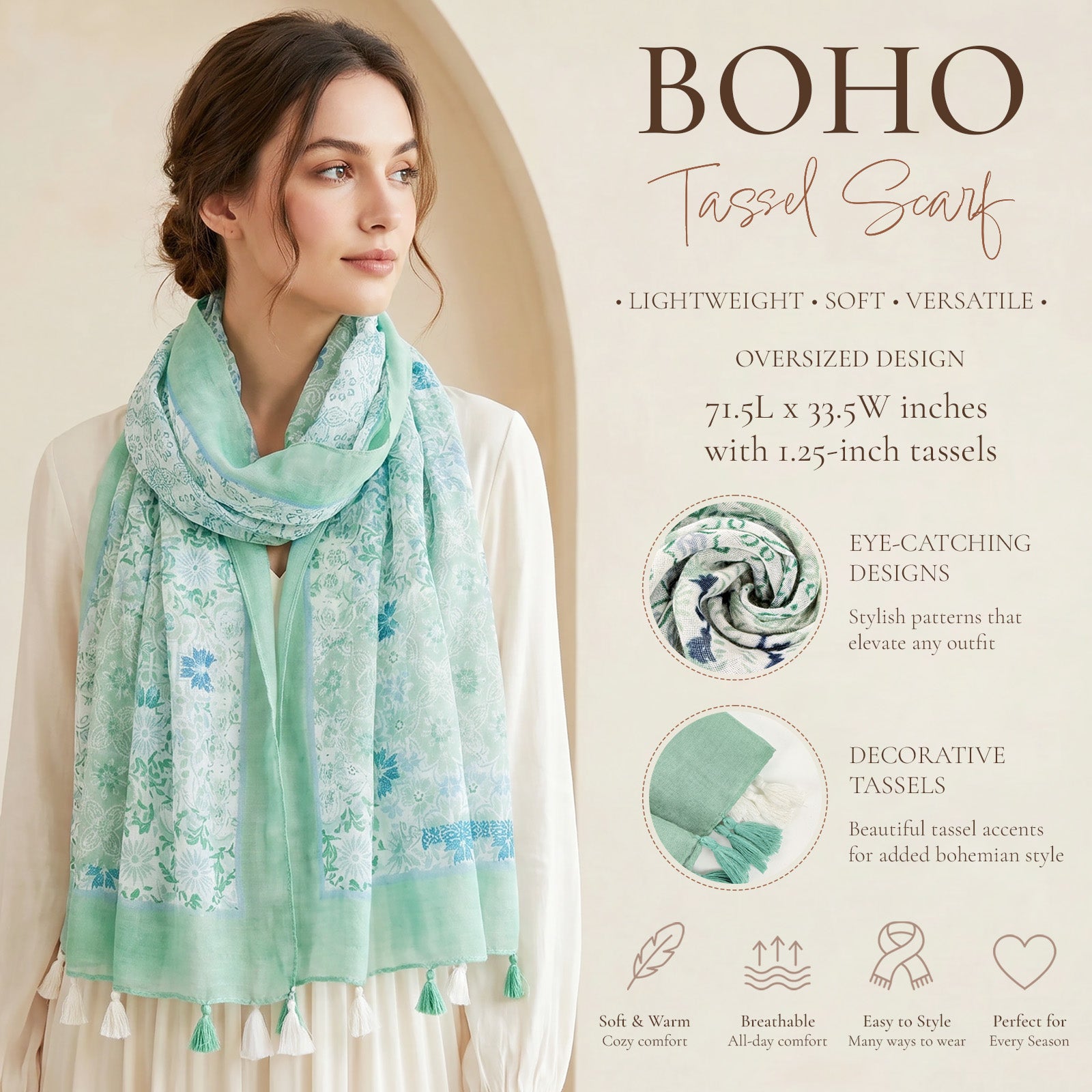 Wrapables Boho Lightweight Floral Vintage Fringed Scarf, Shawl Wrap with Tassels, Green Mosaic