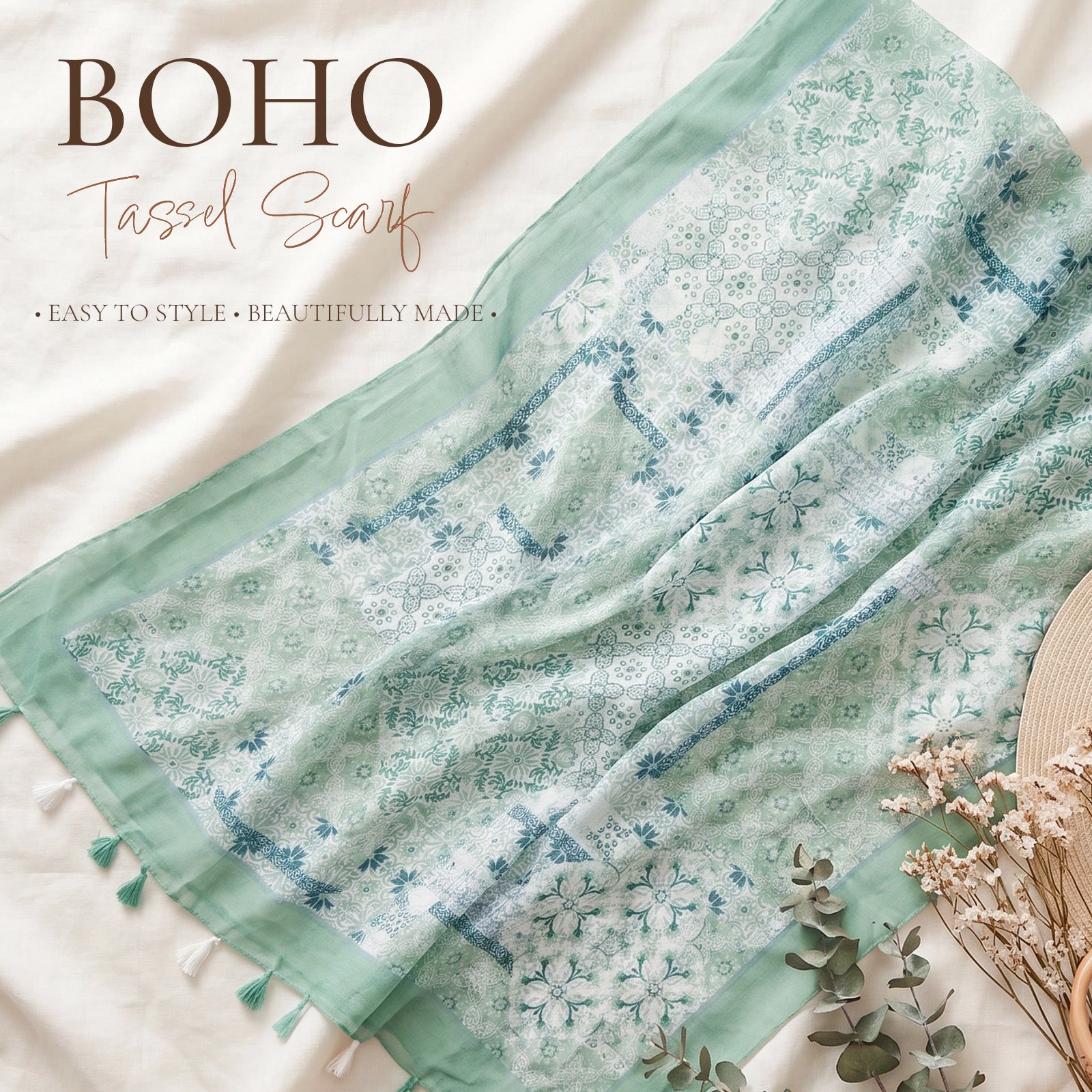 Wrapables Boho Lightweight Floral Vintage Fringed Scarf, Shawl Wrap with Tassels, Green Mosaic