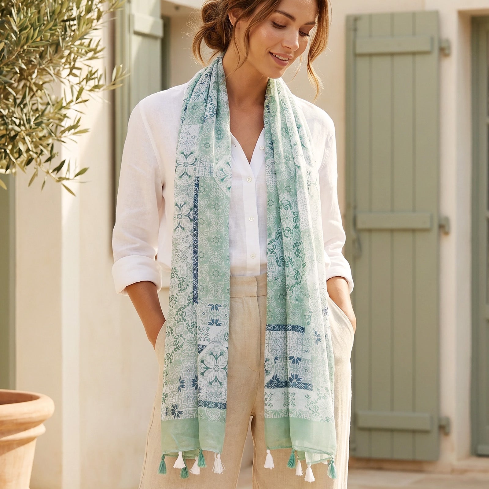 Wrapables Boho Lightweight Floral Vintage Fringed Scarf, Shawl Wrap with Tassels, Green Mosaic