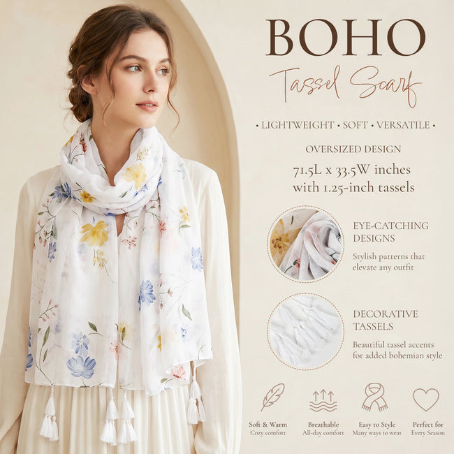 Wrapables Boho Lightweight Floral Vintage Fringed Scarf, Shawl Wrap with Tassels, Prairie Flowers