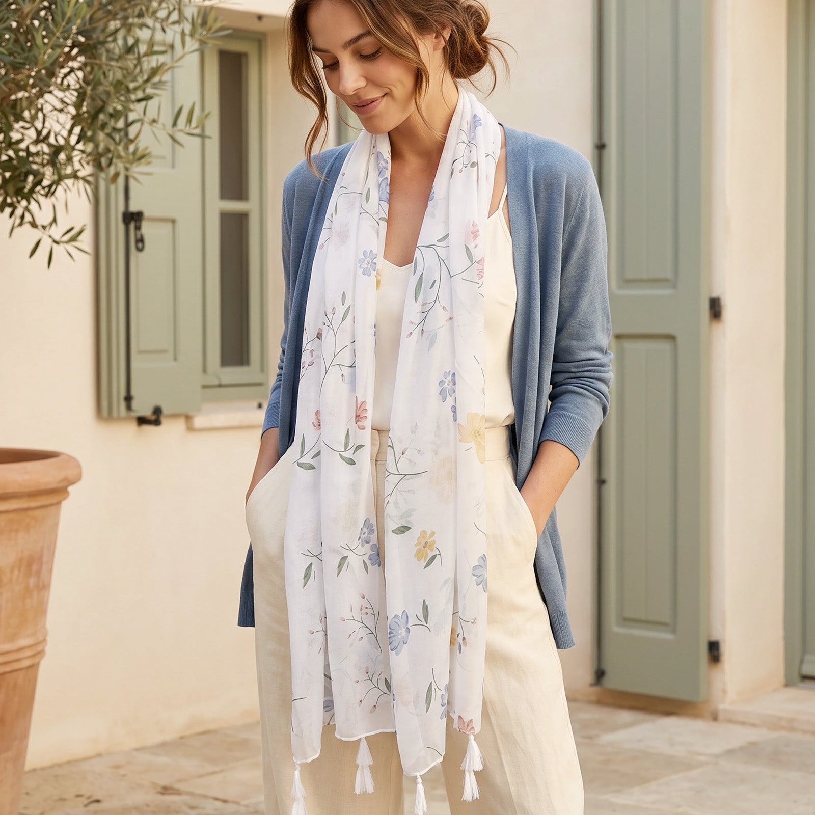 Wrapables Boho Lightweight Floral Vintage Fringed Scarf, Shawl Wrap with Tassels, Prairie Flowers