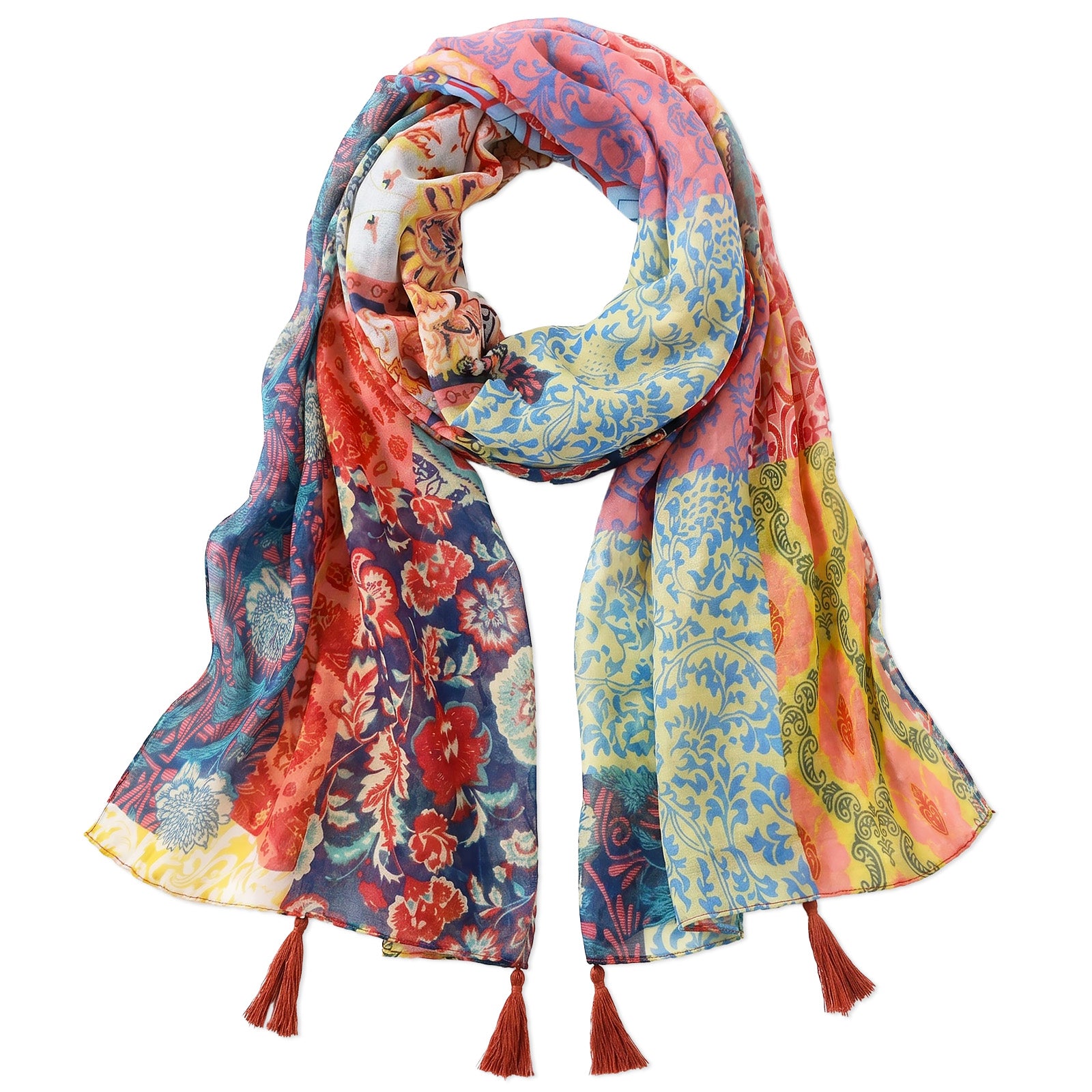 Wrapables Boho Lightweight Floral Vintage Fringed Scarf, Shawl Wrap with Tassels, Floral Damask