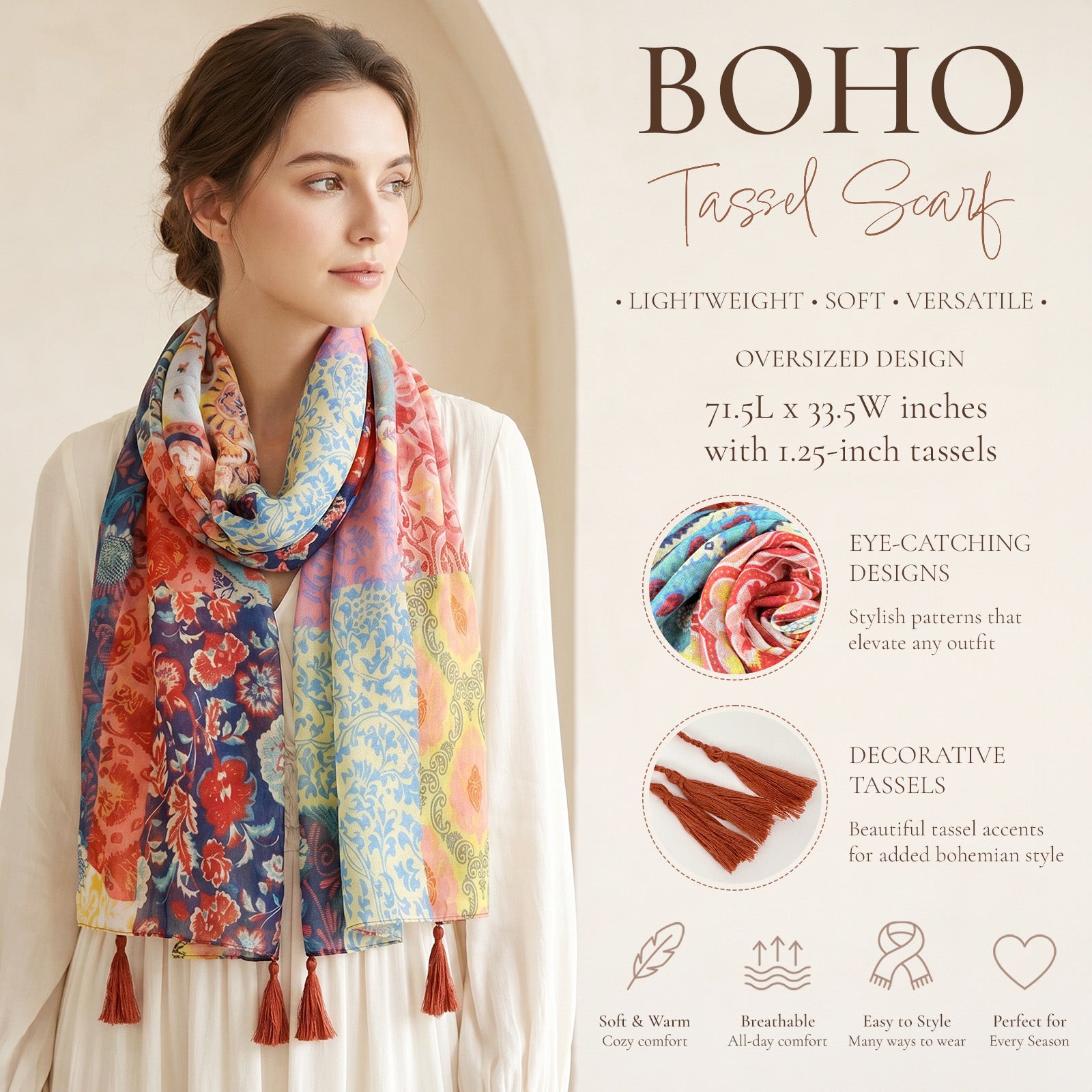 Wrapables Boho Lightweight Floral Vintage Fringed Scarf, Shawl Wrap with Tassels, Floral Damask