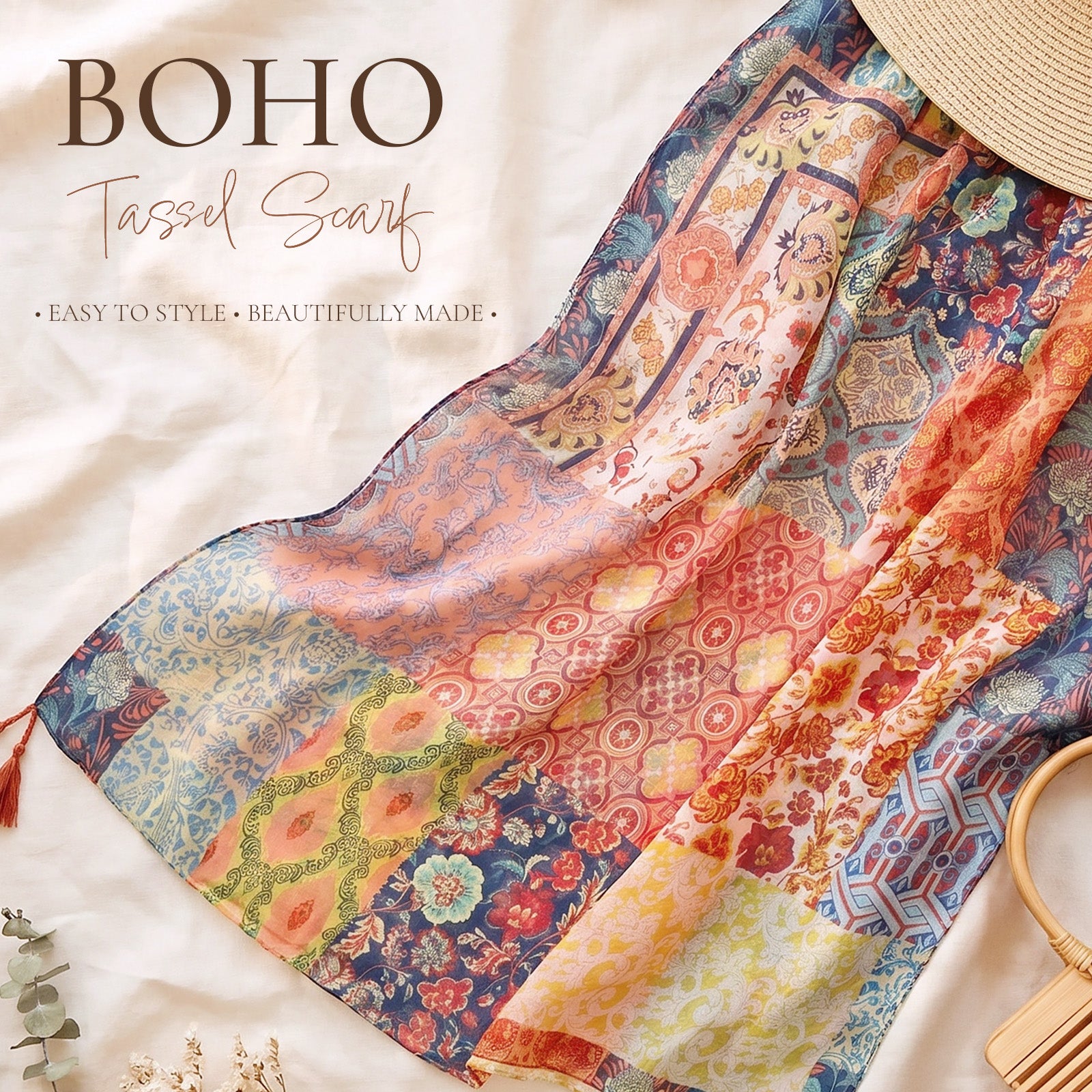 Wrapables Boho Lightweight Floral Vintage Fringed Scarf, Shawl Wrap with Tassels, Floral Damask