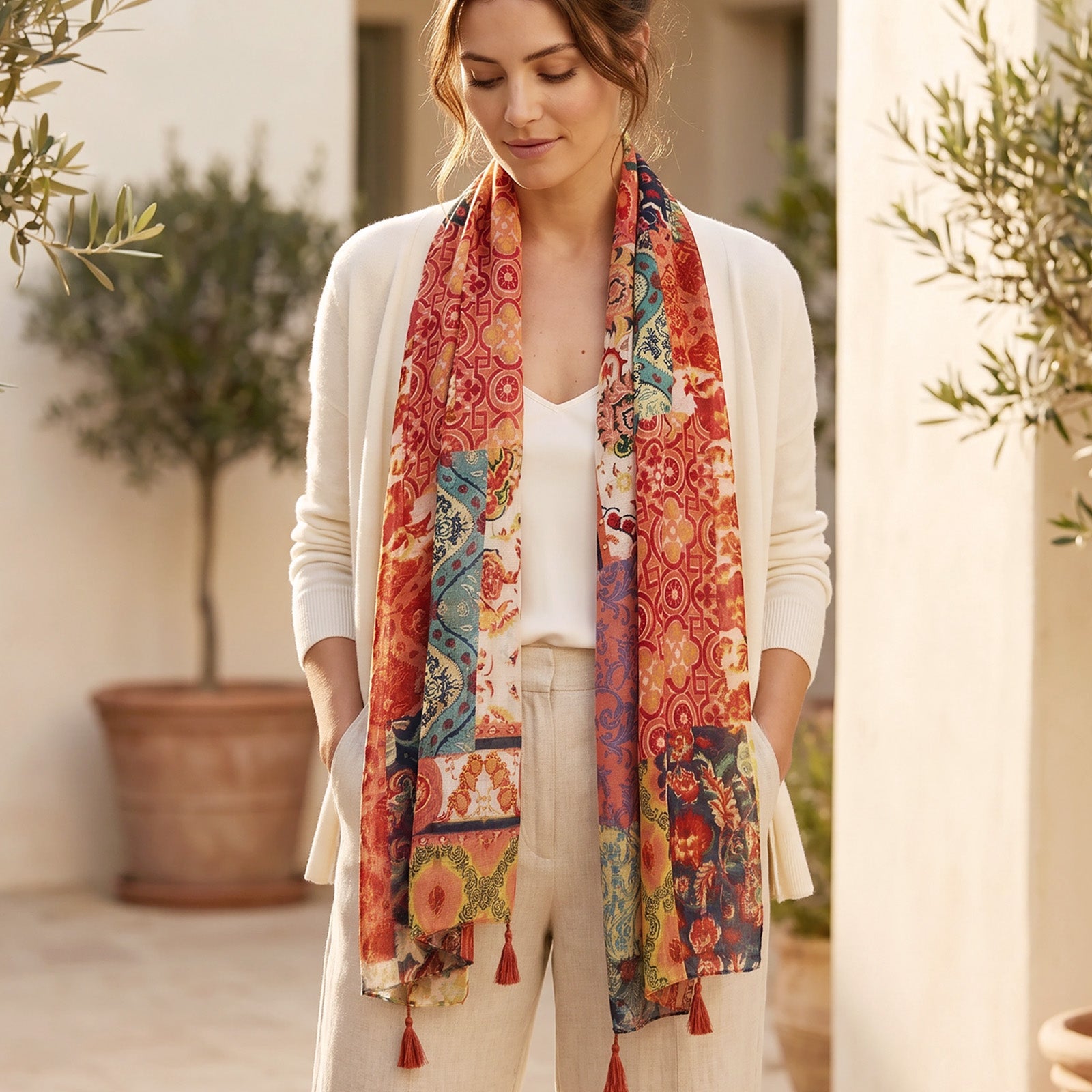 Wrapables Boho Lightweight Floral Vintage Fringed Scarf, Shawl Wrap with Tassels, Floral Damask
