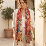 Wrapables Boho Lightweight Floral Vintage Fringed Scarf, Shawl Wrap with Tassels, Floral Damask