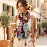 Wrapables Boho Lightweight Floral Vintage Fringed Scarf, Shawl Wrap with Tassels, Floral Damask