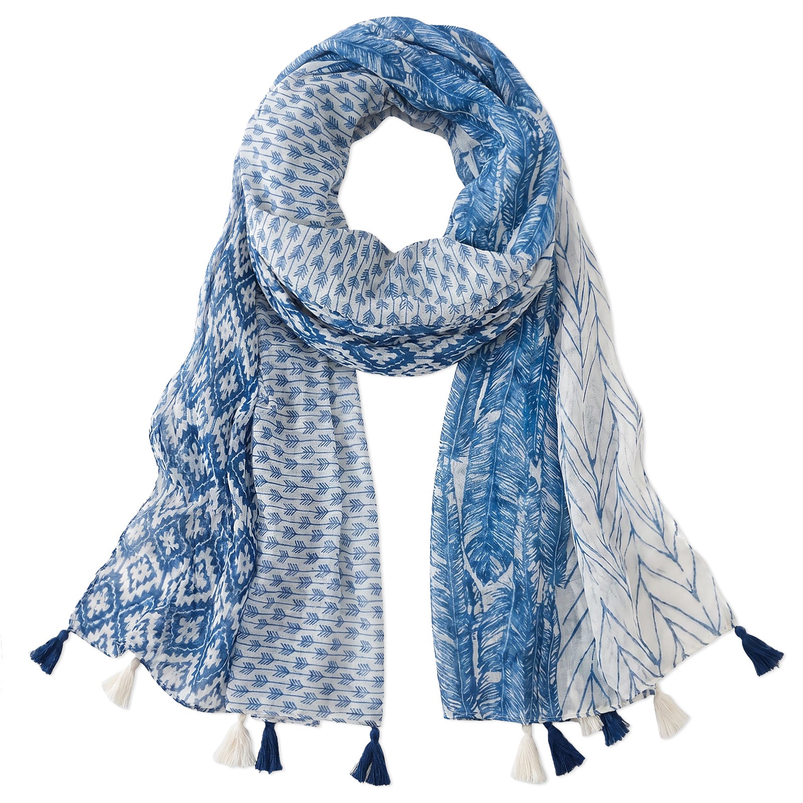 Wrapables Boho Lightweight Floral Vintage Fringed Scarf, Shawl Wrap with Tassels, Blue Feathers