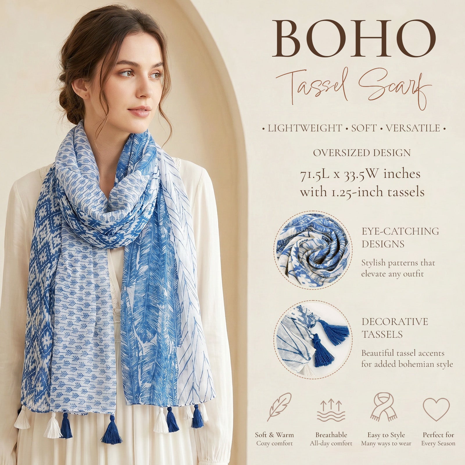 Wrapables Boho Lightweight Floral Vintage Fringed Scarf, Shawl Wrap with Tassels, Blue Feathers