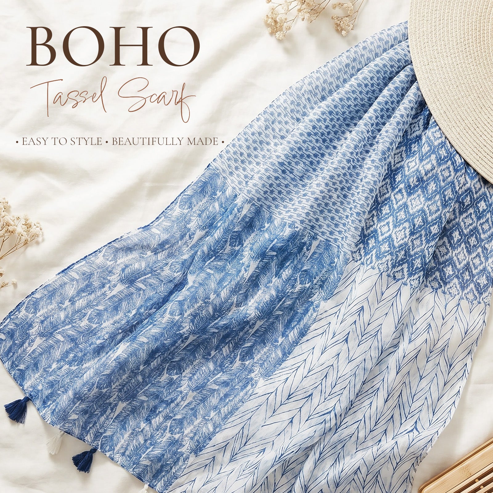 Wrapables Boho Lightweight Floral Vintage Fringed Scarf, Shawl Wrap with Tassels, Blue Feathers