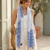 Wrapables Boho Lightweight Floral Vintage Fringed Scarf, Shawl Wrap with Tassels, Blue Feathers