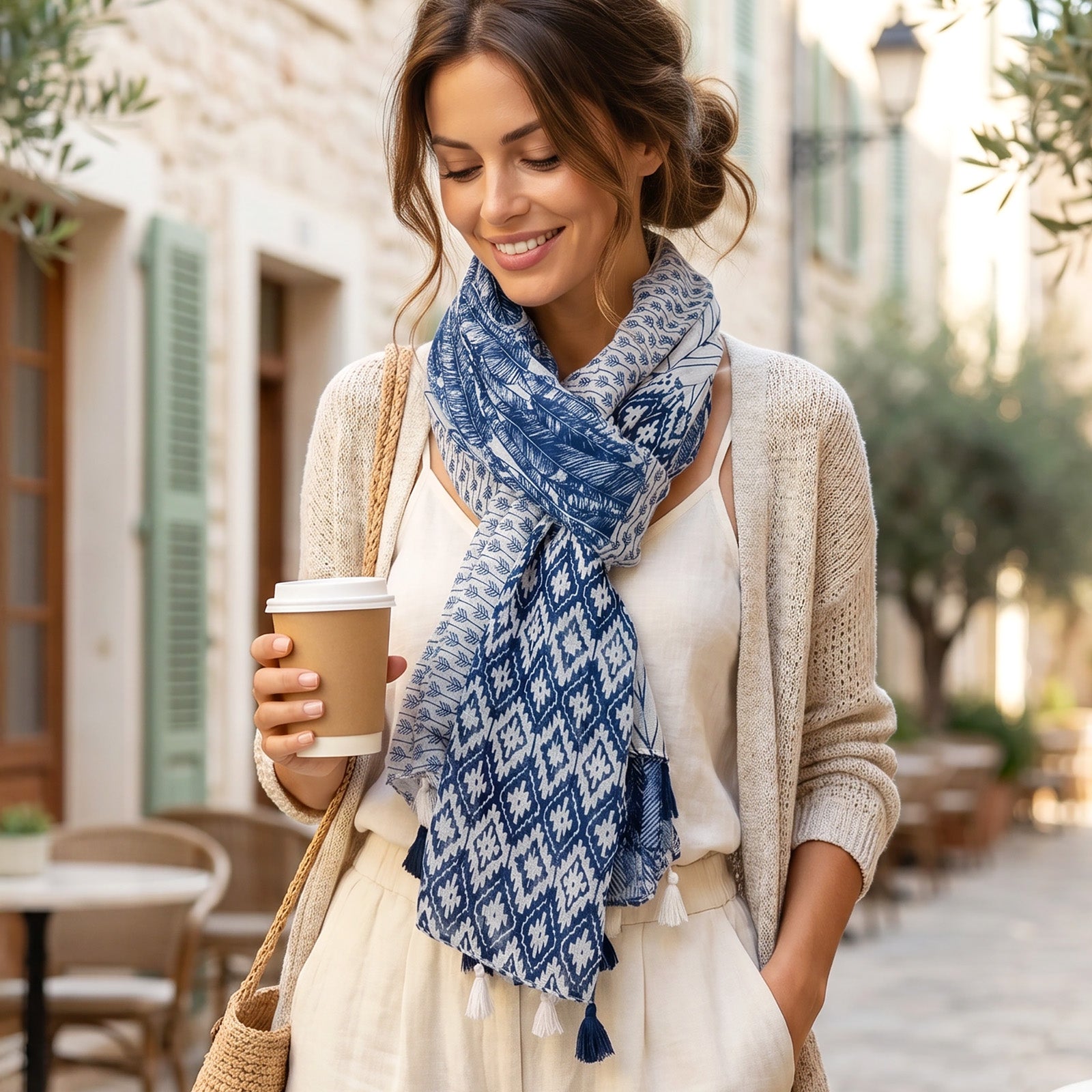 Wrapables Boho Lightweight Floral Vintage Fringed Scarf, Shawl Wrap with Tassels, Blue Feathers